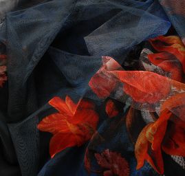 Jemný pružný tyl digitální tisk květy