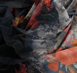 Jemný pružný tyl digitální tisk květy