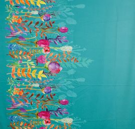 Žoržet šatový pružný bordura květy tyrkysový