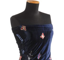 Samet pružný výšivka bordurová tm.modrý