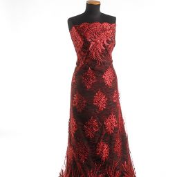 Krajka efektní lurexová výšivka vínová