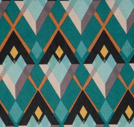 Satén pružný tisk art deco vzor tyrkysový