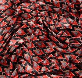 Satén pružný tisk art deco vzor červený