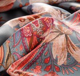 Satén pružný tisk vzor kašmír/paisley hnědošedý