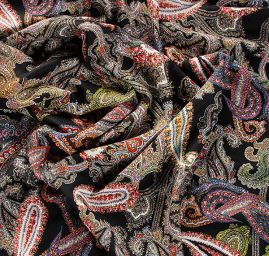 Žoržet šatový pružný vzor kašmír/paisley černý