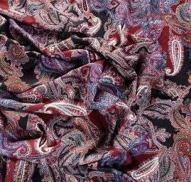 Žoržet šatový pružný vzor kašmír/paisley vínový