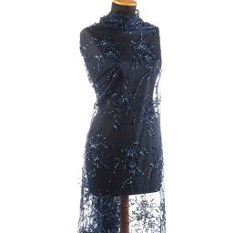 Krajka výšivka na tylu korálky/flitry/rokajl  tm.modrá