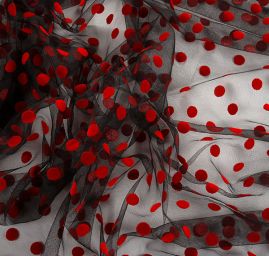 Tyl šatový sametový flock puntík černý/červený velký