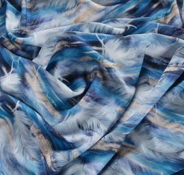 Viskozová šatová látka tisk peří modrá