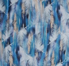 Viskozová šatová látka tisk peří modrá