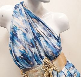 Viskozová šatová látka tisk peří modrá