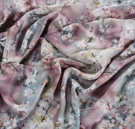 Viskozová šatová látka tisk jarní květy stromů