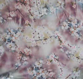Viskozová šatová látka tisk jarní květy stromů