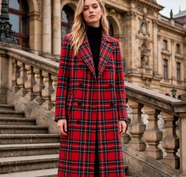 Kostýmová látka vzor kostky tartan červená/černá