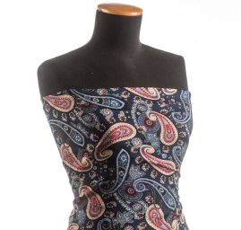 Viskozová šatová látka tisk paisley vzor modročervená