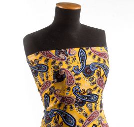 Viskozová šatová látka tisk paisley vzor modrožlutá