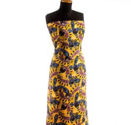 Viskozová šatová látka tisk paisley vzor modrožlutá