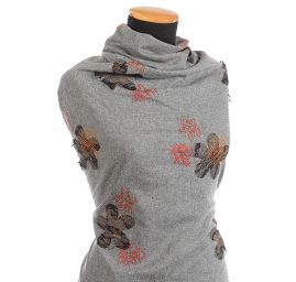 Vlněná látka s aplikací výšivky květů červená/šedá