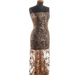 Krajka výšivka na tylu korálky/rokajl/flitry hnědá