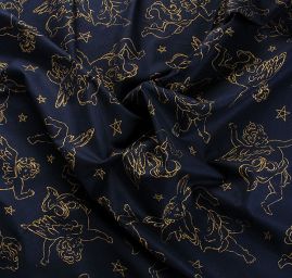 Bavlněná látka vánoční vzor andílci zlatá/modrá