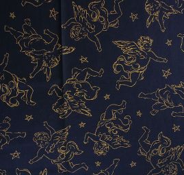 Bavlněná látka vánoční vzor andílci zlatá/modrá