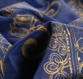 Bavlněná látka vánoční vzor hvězdy orznamenty modrá zlatá