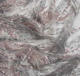 Krajka výšivka na tylu s korálky rokajlem flitry šedá