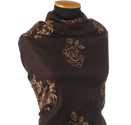 Vlněná látka s výšivkou květů hnědá