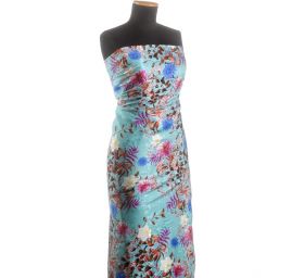 Hedvábný atlas žakár květinový vzor tyrkysový