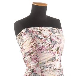 Hedvábný atlas žakár puntík květinový vzor růžový 