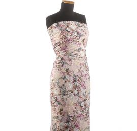 Hedvábný atlas žakár puntík květinový vzor růžový 