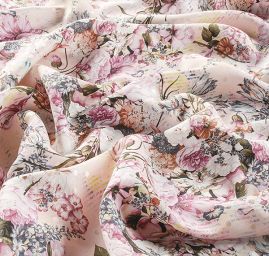 Hedvábný atlas žakár puntík květinový vzor růžový 