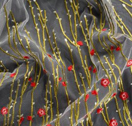 Krajka výšivka na tylu květy šedý tyl