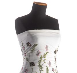 Krajka výšivka na tylu louka/motýlci bílý tyl