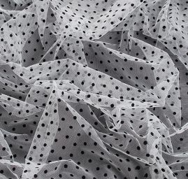 Tyl šatový sametový flock střední puntík bílý/černý