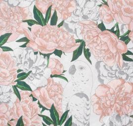 Bavlněná látka květinový a ptačí vzor růžový, šedý