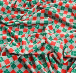 Samet pružný velur tisk káro/kostka zelená/červená