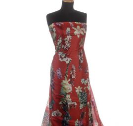 Hedvábná látka vzor orchidea/maceška vínová