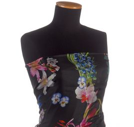 Hedvábná látka vzor orchidea/maceška černá