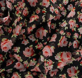 Hedvábný šifon motiv růží růžové