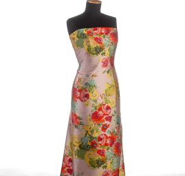 Satén nepružný tisk malované květy červené