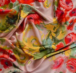 Satén nepružný tisk malované květy červené