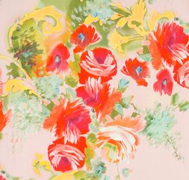 Satén nepružný tisk malované květy červené