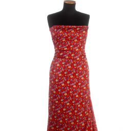 Satén nepružný tisk motiv drobných květin červený