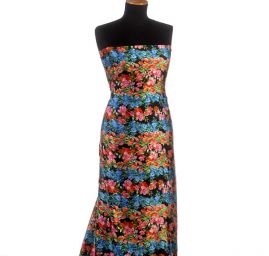 Satén nepružný tisk rozkvetlá louka černý