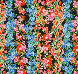 Satén nepružný tisk rozkvetlá louka černý