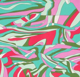 Satén nepružný tisk abstraktní motiv zelený/růžový