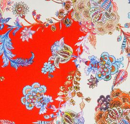 Satén nepružný tisk motiv květin červený/smetanový