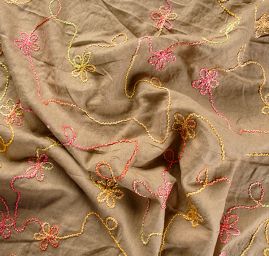 Len s květinovou výšivkou duhových barev/khaki