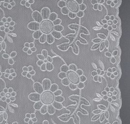 Pružná krajka sametová výšivka na tylu květy světle šedá